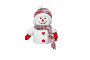 Christmas  isolated snowman. Christmas snowman in a hat and scarf isolated on a white background. symbol of the new year. Christmas souvenir. white toy. winter. december. holiday. textile.