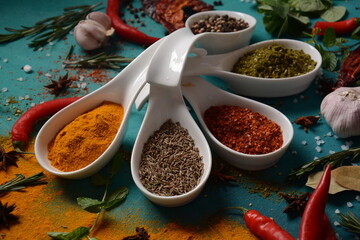 Various colorful herbs and spices for cooking in spoons. Pepper, chili, paprika, basil, turmeric.