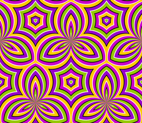 Colorful wrapping paper with three-pointed stars. Optical expansion illusion. Seamless pattern.