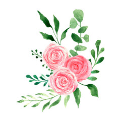 Watercolor bouquet with pink roses and branches of greenery, wedding foliage, hand-drawn. For textiles, invitations, wedding stationery, sublimation design.
