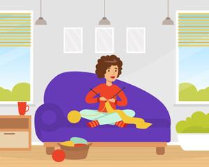 Young Woman Sitting on Sofa and Knitting with Needles Vector Illustration