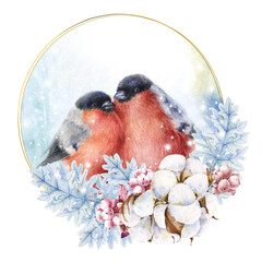 Watercolor illustration. Christmas or new year card with cute bullfinches on the branches.