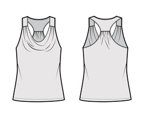 Tank racerback cowl top technical fashion illustration with ruching, oversized, tunic length. Flat apparel outwear shirt template front, back, grey color. Women, men unisex CAD mockup