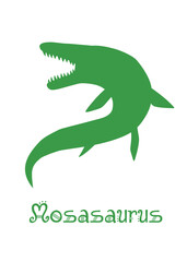 Mosasaur Dinosaur Vector illustration silhouette. dark green dinosaurs, kids dinosaur name prints dark green, boys bedroom wall art, dino room, kids dinosaur posters.