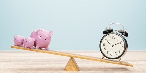 Alarm clock and piggy bank balancing on seesaw. Time is money concept.3d illustration