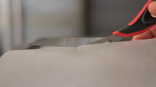 Close-up of cutting parchment paper for baking.