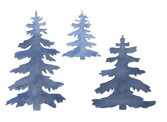 Watercolor blue Christmas trees isolated on white background
