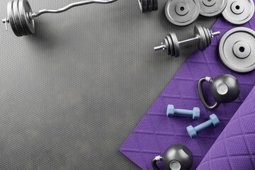 Naklejka na ściany i meble Sport background with copyspace. Top view of grey dumbbells ,black kettlebell and workout gloves. Weight lifting exercise concept.3d illustration