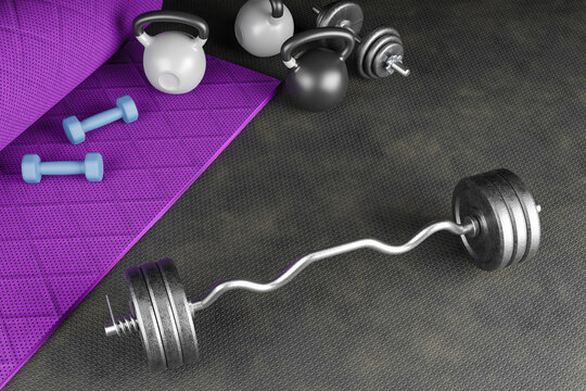 Sport background with copyspace. Top view of grey dumbbells ,black kettlebell and workout gloves. Weight lifting exercise concept.3d illustration