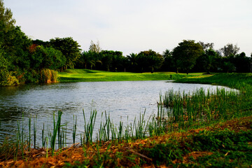 A pond with greenery trees and golf fairway on mountain and blue sky background 6