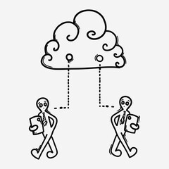 Cloud with connect people. Doodle vector icon. Drawing sketch illustration hand drawn cartoon line eps10