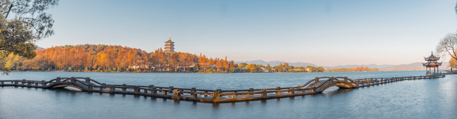 Naklejka premium Panorama view of the West Lake in Hangzhou, China.