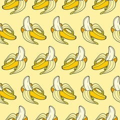 Vector illustration. Hand drawing botanical illustration. Seamless pattern. Peeled banana. Bananas on a yellow background.