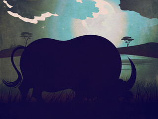 Night landscape and bull silhouette textured
