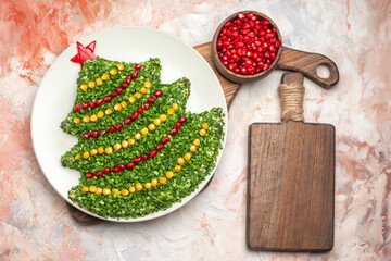top view tasty holiday salad in new year tree shape on light desk meal photo xmas color new year