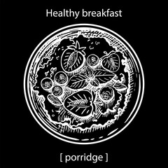 Vector hand-drawn black and white sketch of porridge with berries and nuts. For menus, breakfasts and healthy meals.