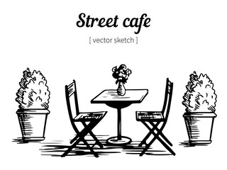 Vector sketch of a street cafe with table and chairs, flowers in pots. The illustration is drawn by hand. For restaurant menu decoration food and tourism.