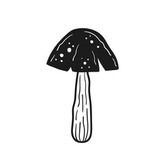 Mushrooms. Ink vector illustration. Linocut print. Black monochrome design. Botanic.