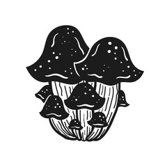 Mushrooms. Ink vector illustration. Linocut print. Black monochrome design. Botanic, nature.