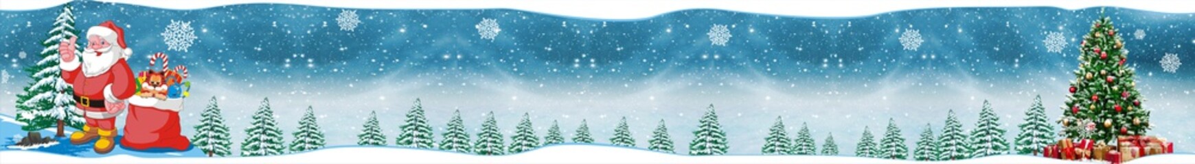 Signboard, banner for New Year's sale. Santa Claus and a bag of gifts on a fabulous winter background. Panoramic banner for business