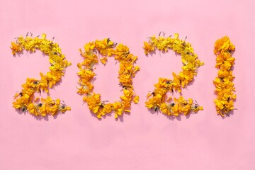 2021 Written with Marigold Flower Petals, Creative Photo of Happy New Year 2021, Perfect for Wallpaper