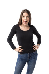 Fototapeta premium Portrait of young caucasian playful woman showing her tongue in a seducing manner.