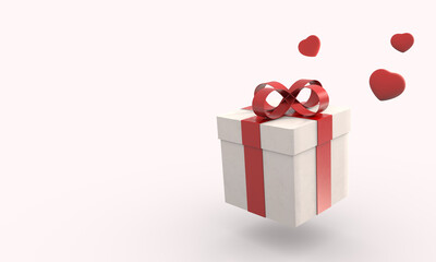 White gift box with red ribbon and many rainy heart falling from sky on isolated white background. Valentine Christmas holiday and Black Friday concept. Celebration and Birthday event. 3D illustration