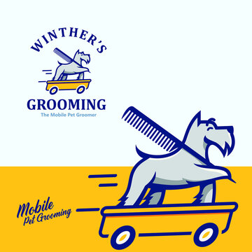 Dog On A Wagon Mobile Pet Grooming Logo Mascot