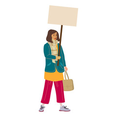 Protester woman holding empty banner. Activist protesting, political meeting, strike human female rights. Vector illustration