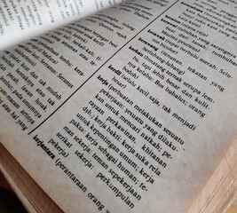 close up of an old indonesian dictionary