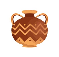 Antique greek stoneware or pottery vector flat illustration. Traditional grecian vase or amphora with handles decorated by hellenic ornaments isolated on white background. Clay vessel