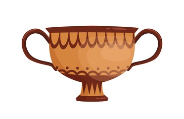 Greek vase decorated by hellenic ornaments vector flat illustration. Traditional antique handmade vessel isolated on white background. Grecian pottery earthenware, ancient amphora with handles