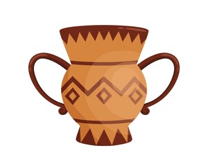 Ancient handmade greek krater vase with handles decorated by hellenic ornaments vector flat illustration. Traditional antique vessel isolated on white background. Colorful clay amphora © Good Studio