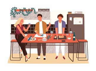 Group of friends or family members cooking dinner and drink wine together vector flat illustration. Happy male and female characters communicate in kitchen while preparing food isolated on white