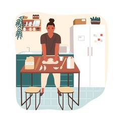 Man cooking croissant in kitchen vector flat illustration. Male character knead dough with flour on table isolated on white. Cute guy preparing pastry for baking at home