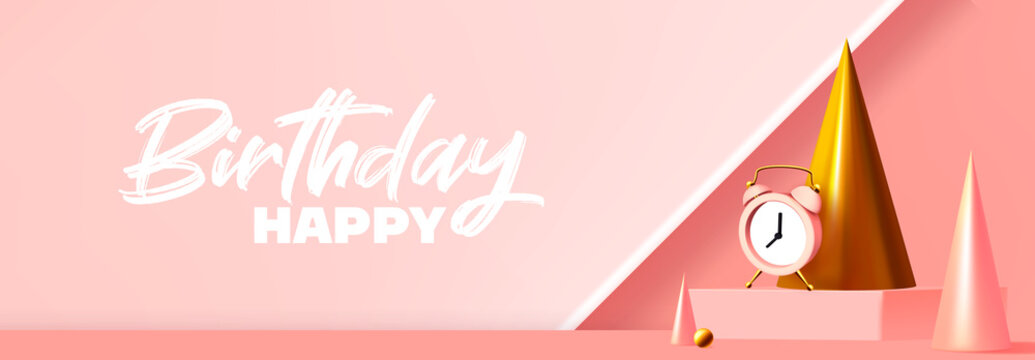 Happy Birthday, Festive Background With Pink And Gold 3d Geometric Objects And Clock. Celebrate A Birthday, Poster, Banner Happy Anniversary. Copy Space With Text. Social Media Banner Template