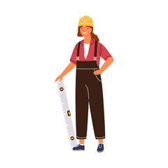 Friendly woman architect holding constructing ruler vector flat illustration. Happy female industrial worker in overalls and hard hat isolated on white. Engineer constructor with equipment