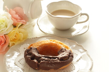 Chocolate and old fashsion doughnuts with latte