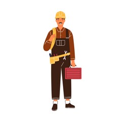 Professional male electrician with toolbox and electrical wire vector flat illustration. Industrial worker or repairman in uniform and hard hat isolated. Smiling lineman holding equipment