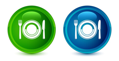 Food plate icon artistic shiny glossy blue and green round button set