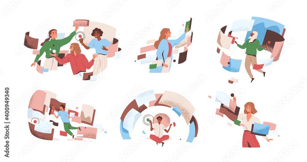 Poster People interacting to workflow operations at cyber space vector flat illustration. Man and woman in workforce process optimization. Concept of management, productivity, multitasking and flow control