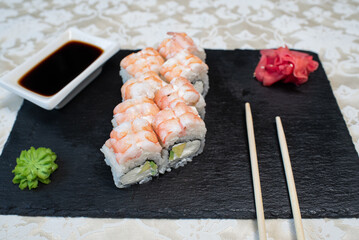 Delicious, juicy and appetizing tender rolls with shrimp
