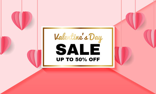 Valentine's day banner sale up to 50% off. Heart shape paper vector decoration. Modern background design.