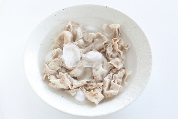Japanese cooking, prepared summer pork salad boiled and iced 