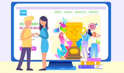 Be number one in your business, girls showing trophy got for winning first place. Trophy or award with foliage and target with arrow, prize for progress. Website or webpage template successful startup