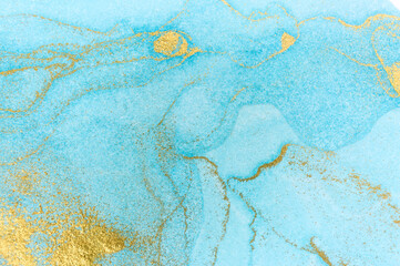 Fototapeta na wymiar Blue wave abstract background with gold splashes. Light blue beautiful texture.