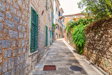 Fototapeta na wymiar Famous narrow european streets of Herceg Novi, Montenegro