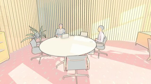 Man at an interview job, sitting in an office, outlined pastel sketch