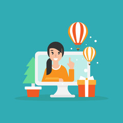 Happy freelancer girl on computer screen with gift box and spruce. flat vector illustration.