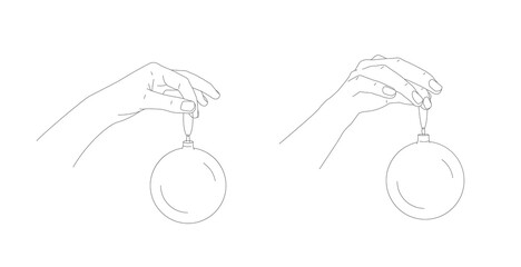 illustration of Hand holding a Christmas ball, two positions of hand. Sketch vector illustration in line art style, isolated on a white background.